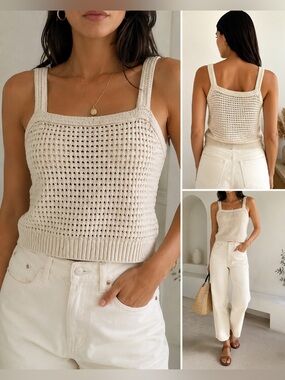 Universal Thread Crochet Knit Tank Top Cream Boho Sleeveless Sweater L